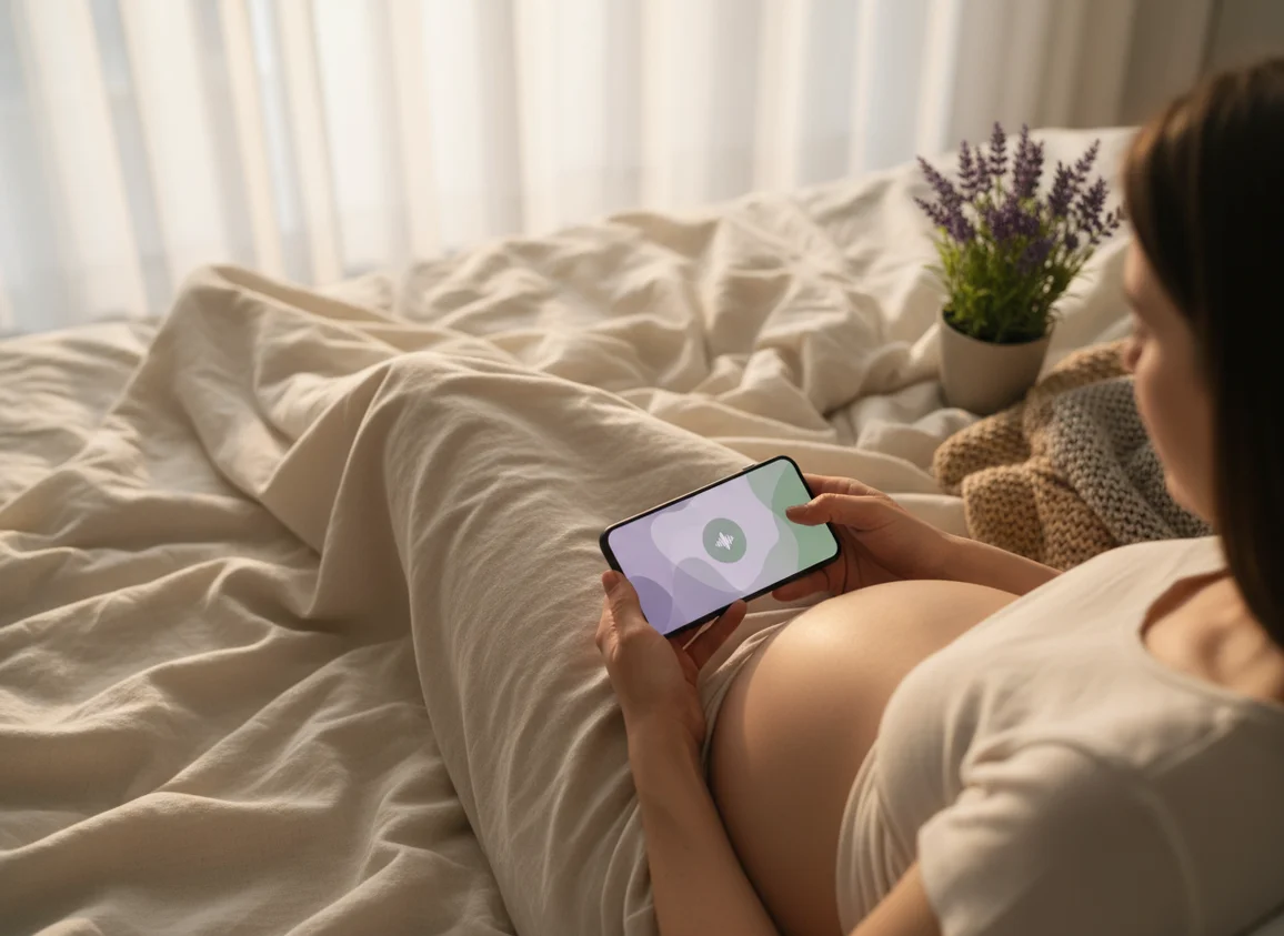 Pregnant woman's hands holding phone on belly while relaxing in bed with soft morning light and calming atmosphere