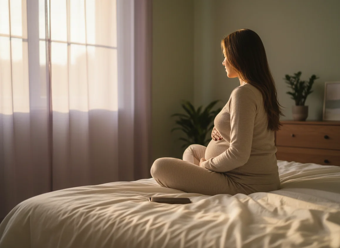 Pregnant woman sitting peacefully by window at golden hour with hand on belly, serene bedroom setting