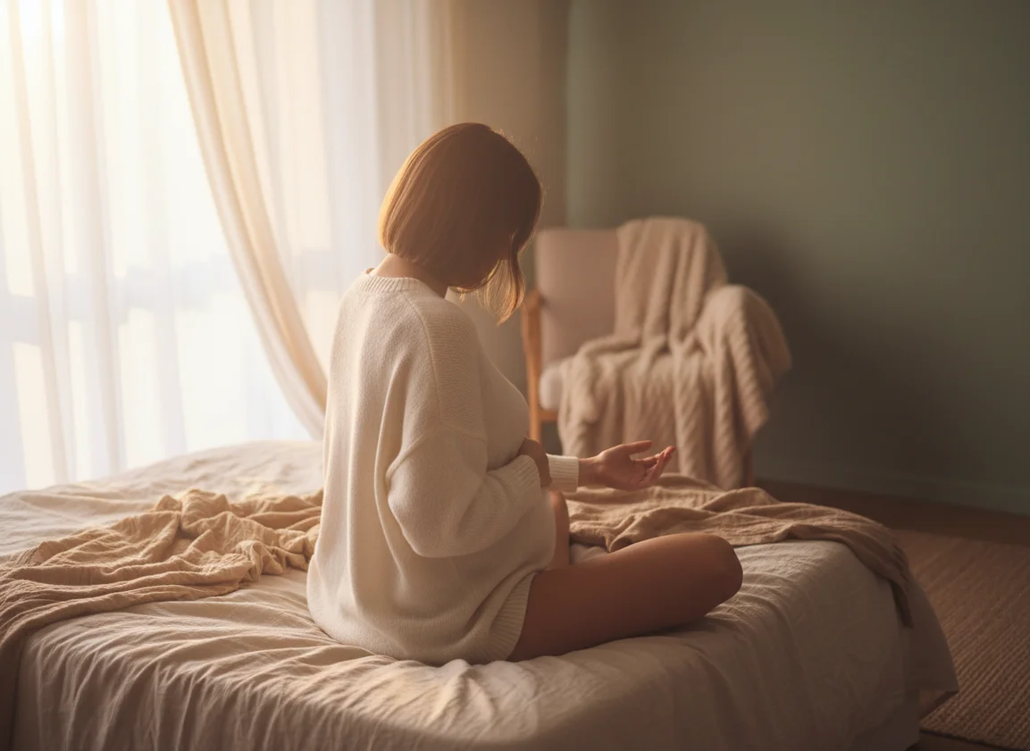 Pregnant woman meditating peacefully on bed with soft morning light, hands on belly, back view