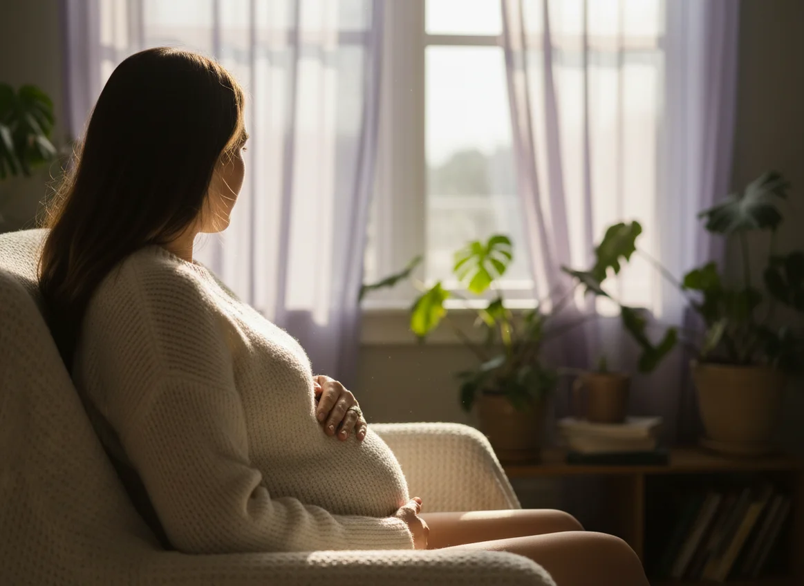 Pregnant woman relaxing peacefully by window with soft morning light, hand on belly, calm meditative atmosphere