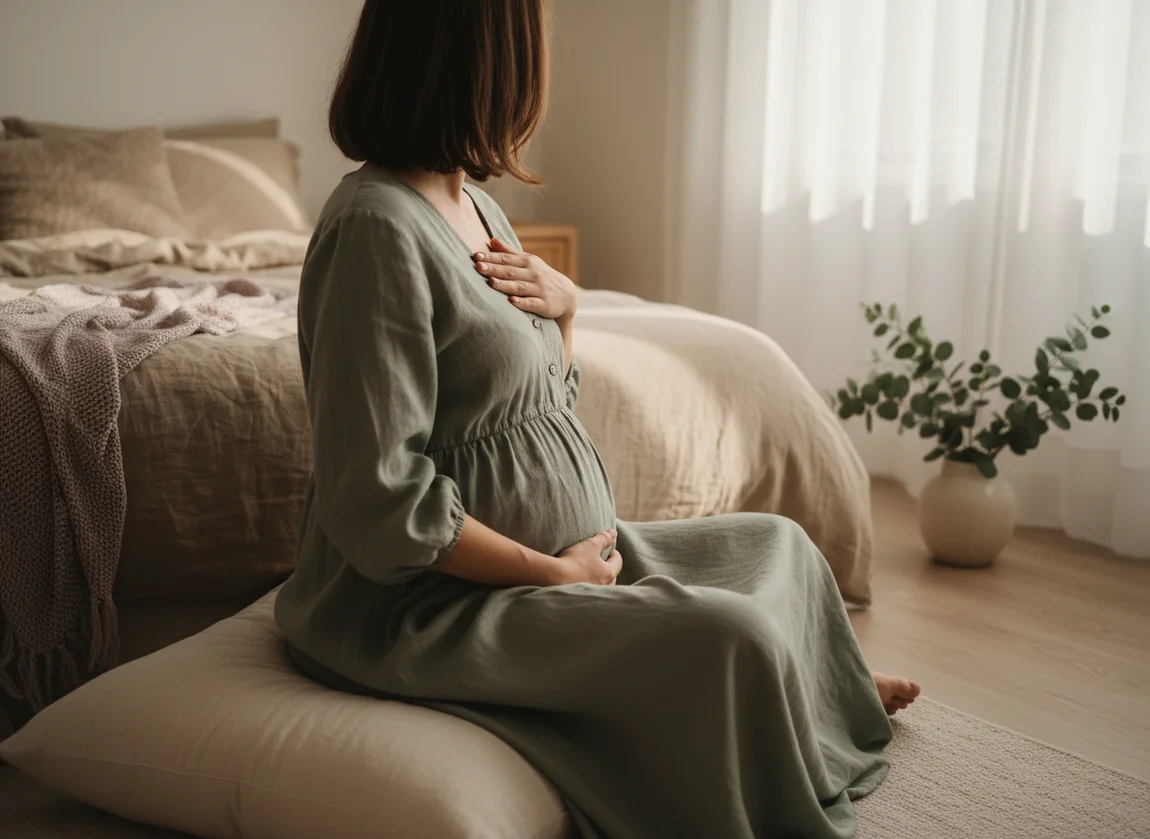Pregnant woman meditating peacefully from behind, hands on belly and heart, bathed in soft morning light