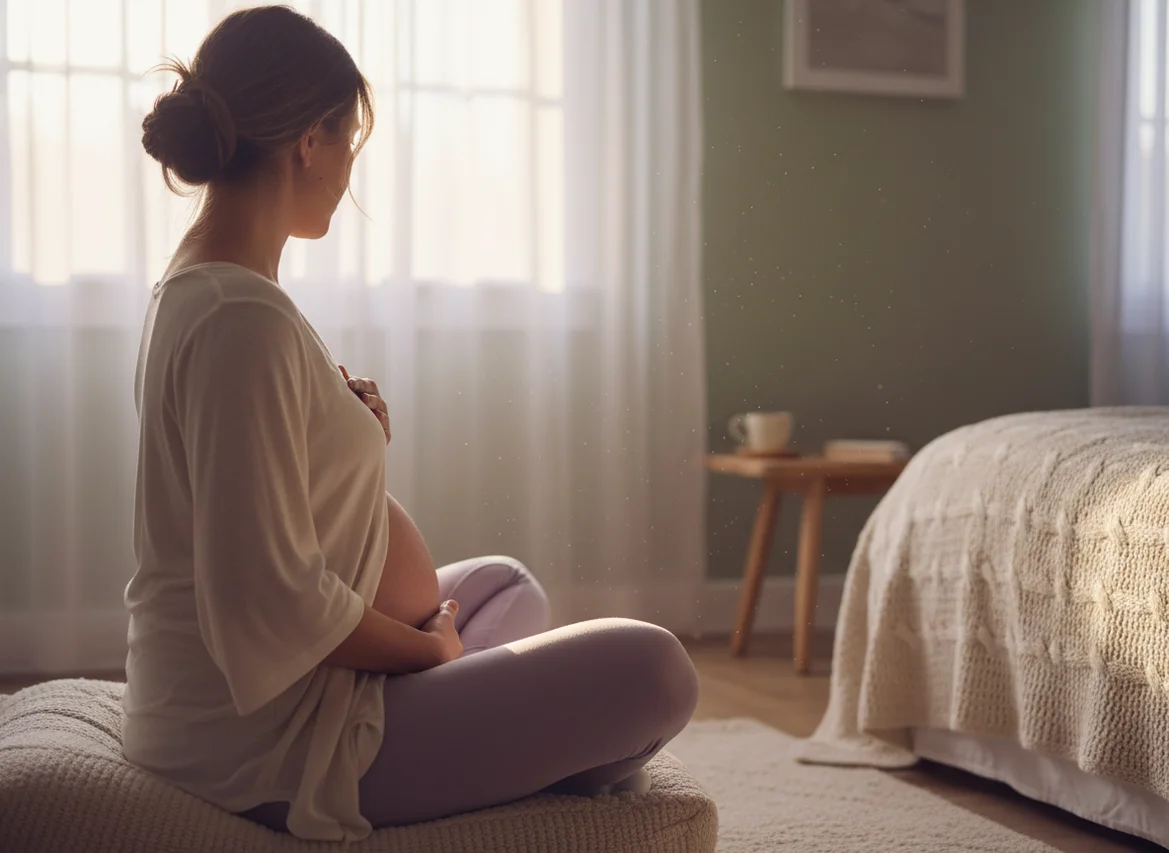 Pregnant woman meditating peacefully by sunlit window with hands on belly and heart, warm calming atmosphere