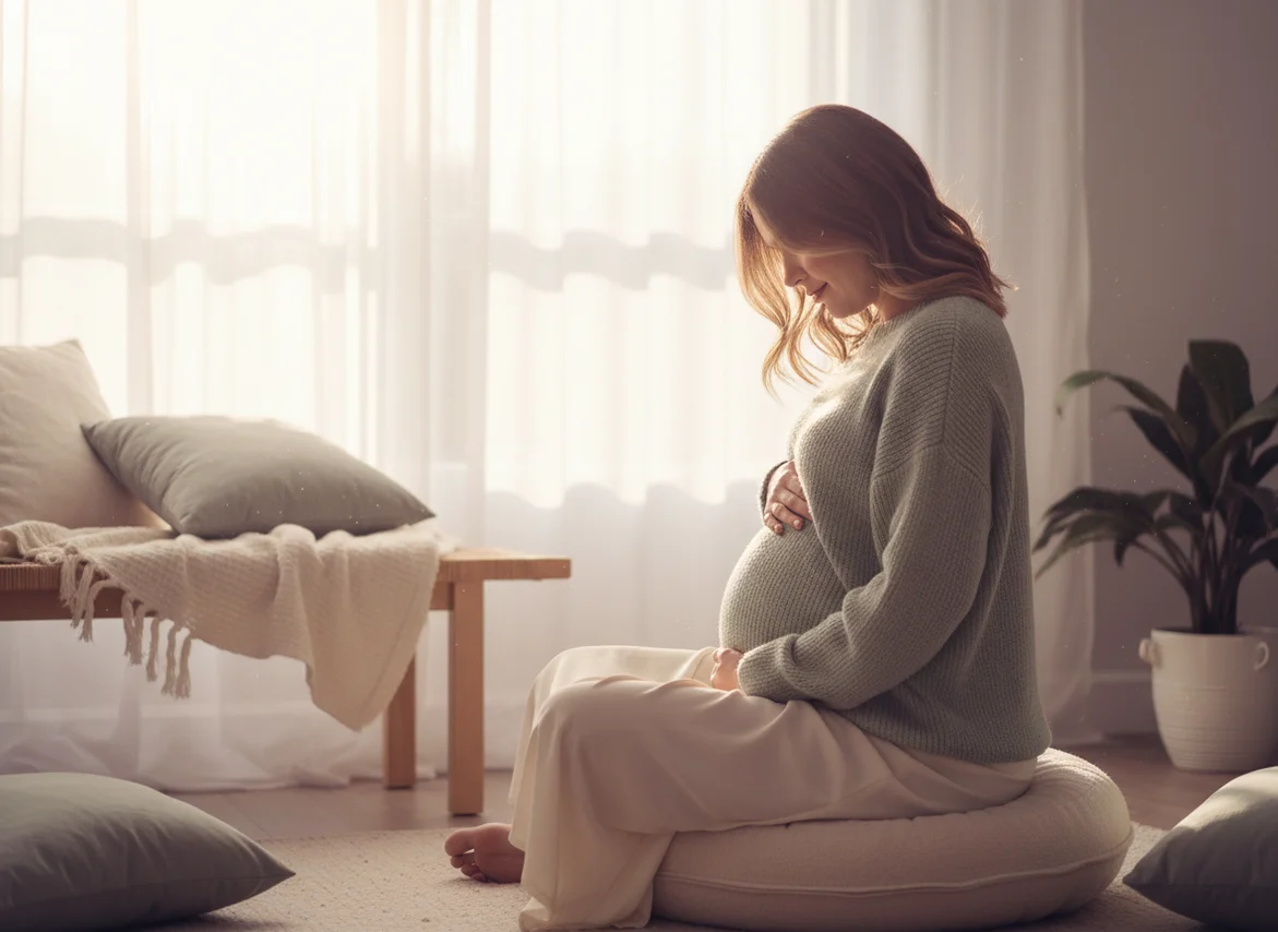 Pregnant woman sitting peacefully by window with hand on belly, warm morning light, relaxed posture